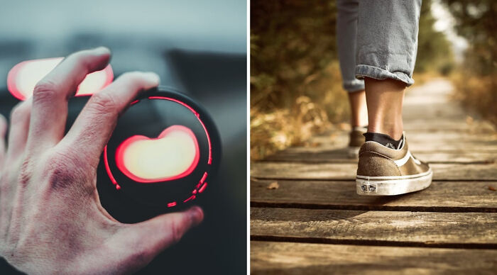 Side by side images showing a person holding a round glowing object and close-up of feet walking on wooden planks for Would You Rather Poll 3