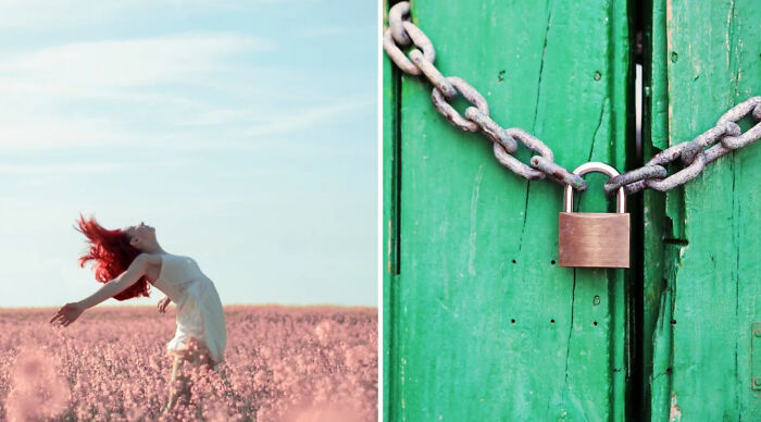 Woman with red hair joyfully standing in flower field next to green door locked with chain and padlock for would you rather poll 3.