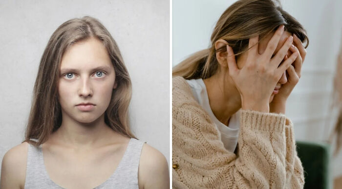 Split image showing a serious young woman on the left and a distressed woman covering her face on the right for would you rather poll.