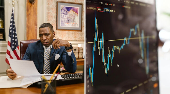Man in a suit analyzing a document at desk next to a stock market chart, illustrating a would you rather poll concept.