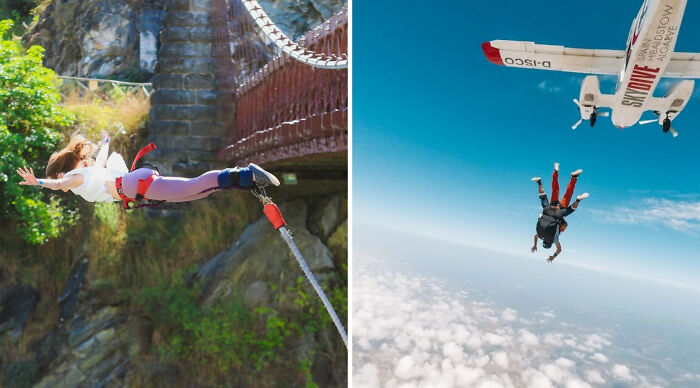Person bungee jumping off a bridge and another skydiving from a plane in an adventurous would you rather poll 3 scenario