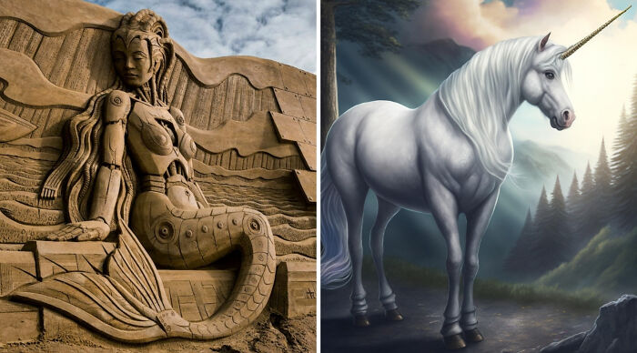 Sand sculpture of a mermaid and a digital painting of a unicorn in a fantasy landscape for Would You Rather Poll 3.