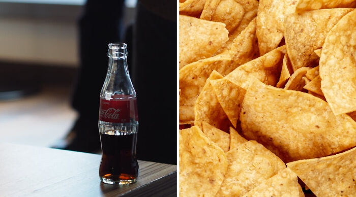Glass bottle of soda on table next to a pile of crispy tortilla chips in a close-up food poll image.