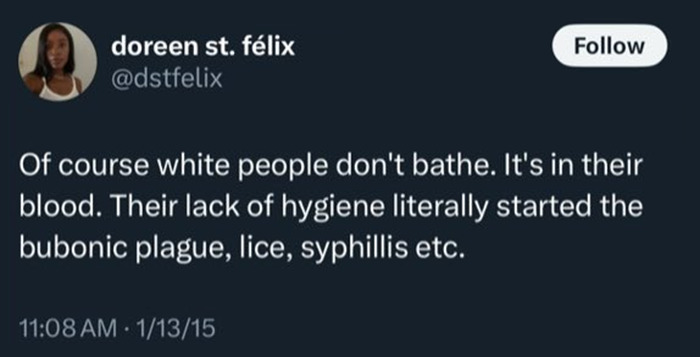 Tweet screenshot showing anti-white comments by writer, highlighting backlash and karma after posts resurface online.