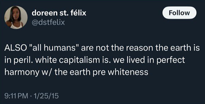 Screenshot of a tweet by a writer involved in controversy after anti-white posts resurface, related to karma backlash.