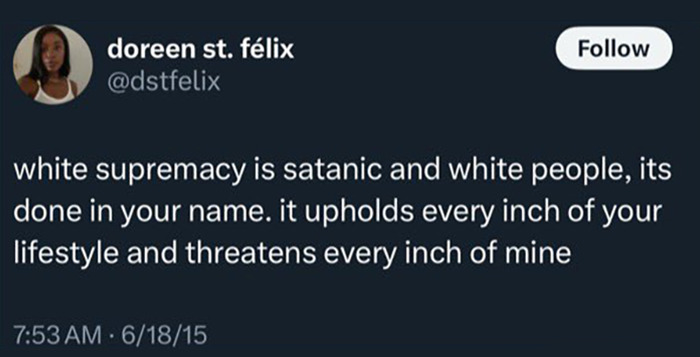 Screenshot of a tweet containing controversial anti-white remarks linked to writer who trashed Sydney Sweeney and faced karma backlash.