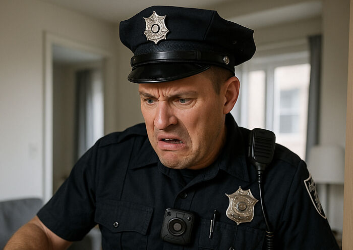 Police officer in uniform inside a home with a shocked and disturbed expression after seeing creepy details.