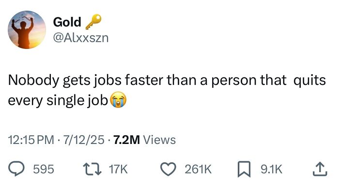 Tweet humor about jobs and quitting shared on social media, part of hilarious tweets from July collection.