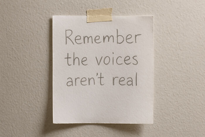 Note with the phrase remember the voices aren't real taped to a textured wall, reflecting creepy and disturbing things police officers saw at homes.