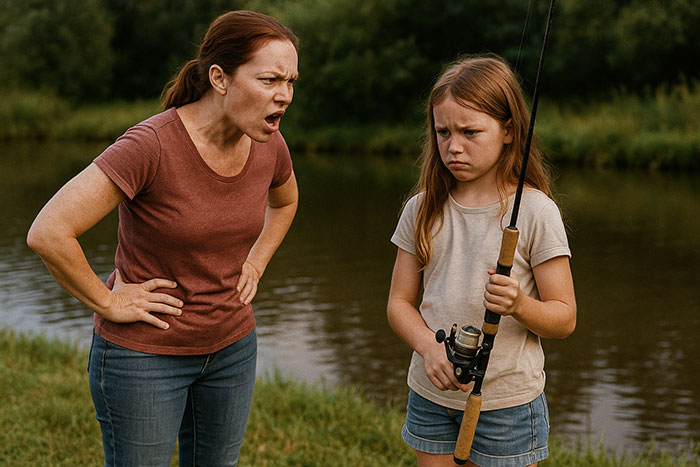 Woman angrily scolding a young girl holding a fishing pole by the water on a grassy riverbank.