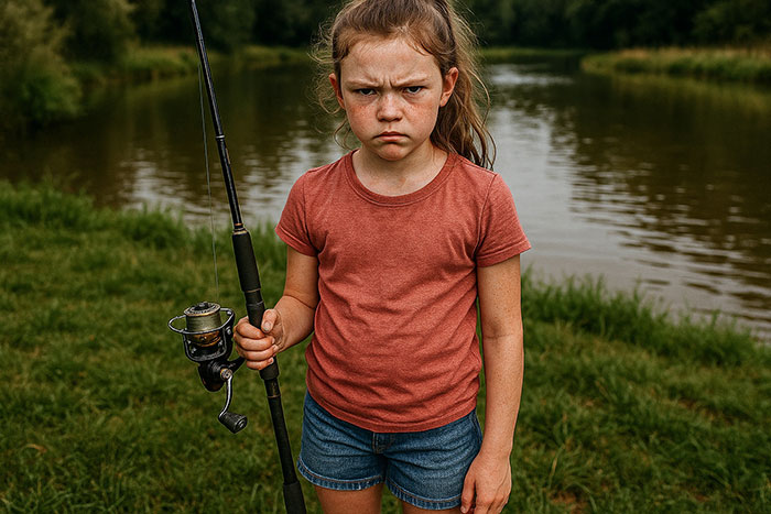 Young girl holding a fishing pole by the riverbank with an upset expression on her face on a cloudy day.