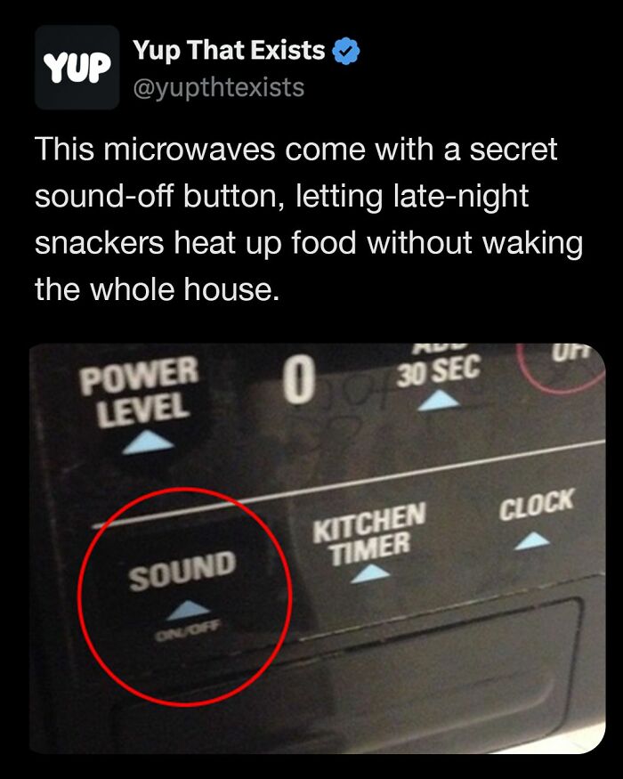 Microwave control panel showing a secret sound-off button for quiet late-night snacking in weird things that sound made up.