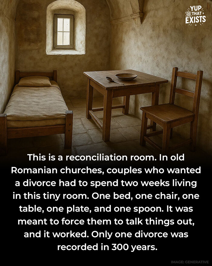 Reconciliation room with simple wooden furniture in old Romanian church, showing weird things that sound made up but are real.