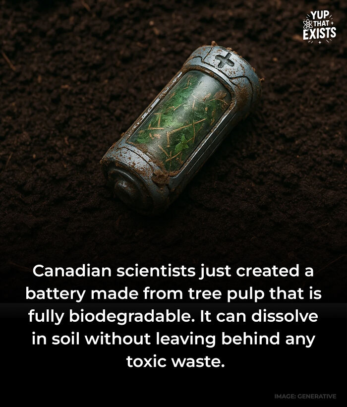 Biodegradable battery made from tree pulp dissolving in soil, showcasing weird things that sound made up but are real.