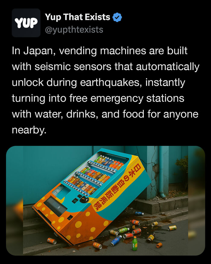 Vending machine in Japan designed with seismic sensors to unlock and provide free emergency supplies during earthquakes.