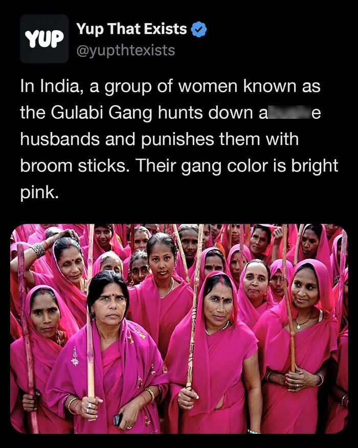 Group of Indian women from the Gulabi Gang dressed in bright pink holding broomsticks, example of weird things that sound made up.