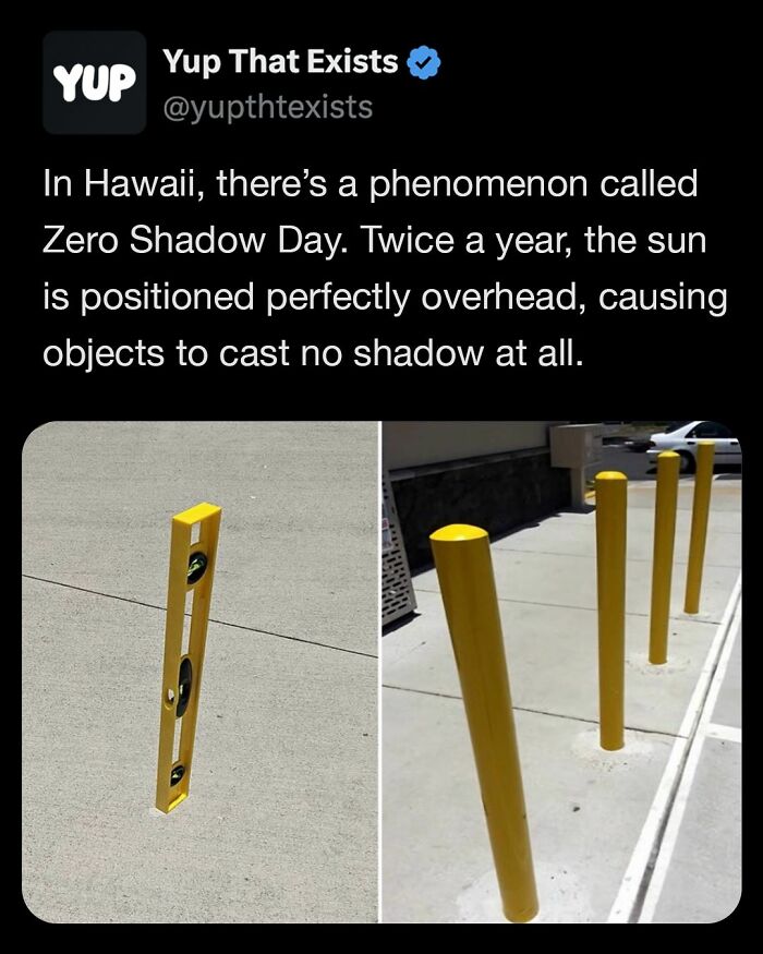 Phenomenon called Zero Shadow Day in Hawaii showing objects casting no shadows due to the sun positioned overhead.