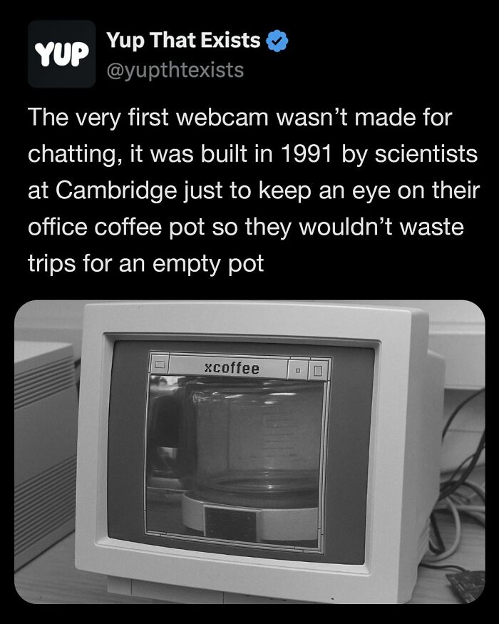 Old computer monitor displaying first webcam footage of an office coffee pot, illustrating weird things that sound made up but are real.