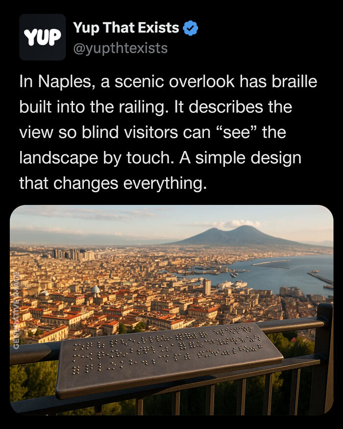 Braille panel at a scenic overlook in Naples explains the view by touch, showcasing weird things that sound made up but are real.