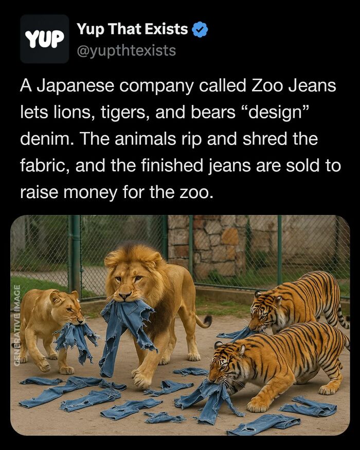 Lions and tigers shred denim fabric for Zoo Jeans, a real project raising money for the zoo.