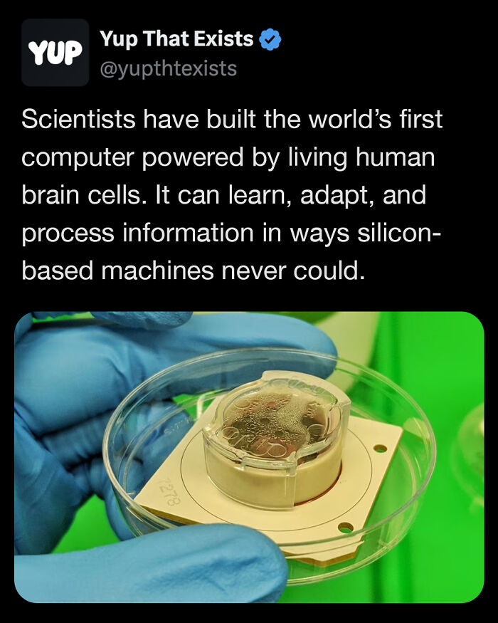 Scientists holding a petri dish with the first computer powered by living human brain cells, showing innovative technology in biology.