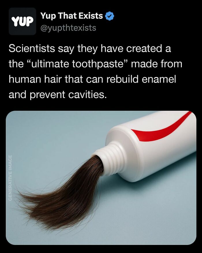 Toothpaste tube with human hair emerging, illustrating a weird but real concept from Yup That Exists.