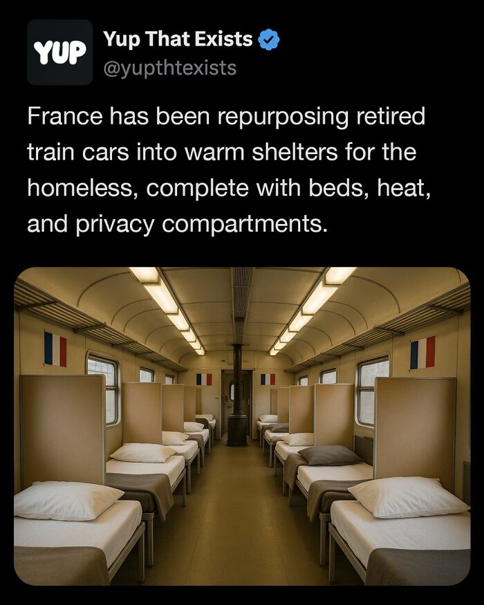 Interior of repurposed train cars in France converted into warm shelters for the homeless with beds and privacy compartments