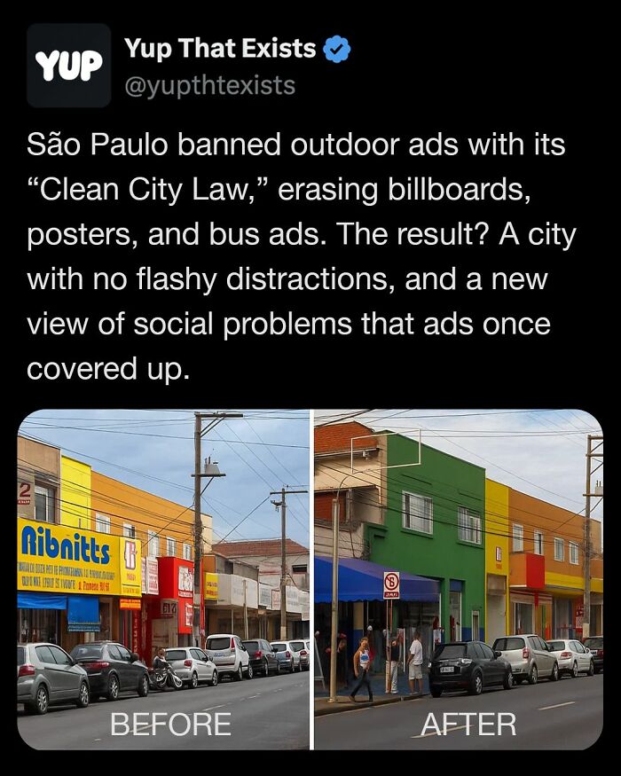 São Paulo street before and after ban on outdoor ads, showing removal of billboards and posters for clearer city views.