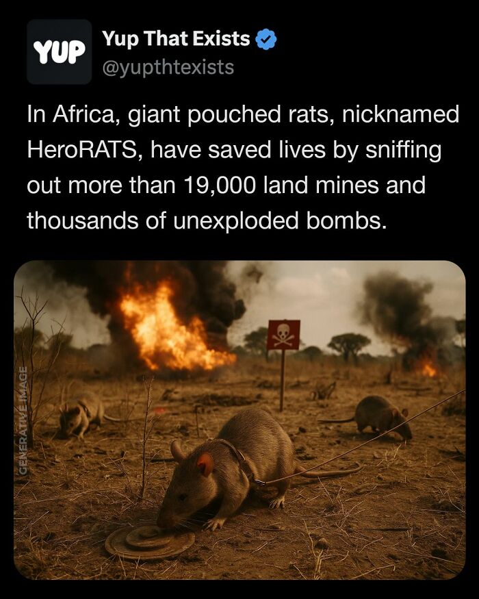 Giant pouched rats in Africa detecting land mines with fires and warning signs in a dry, dangerous area.