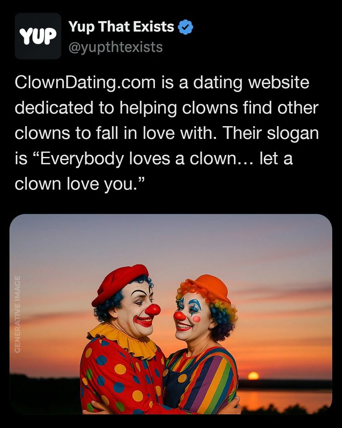 Clowns in colorful costumes smiling and embracing at sunset, showcasing weird things that sound made up but are real.