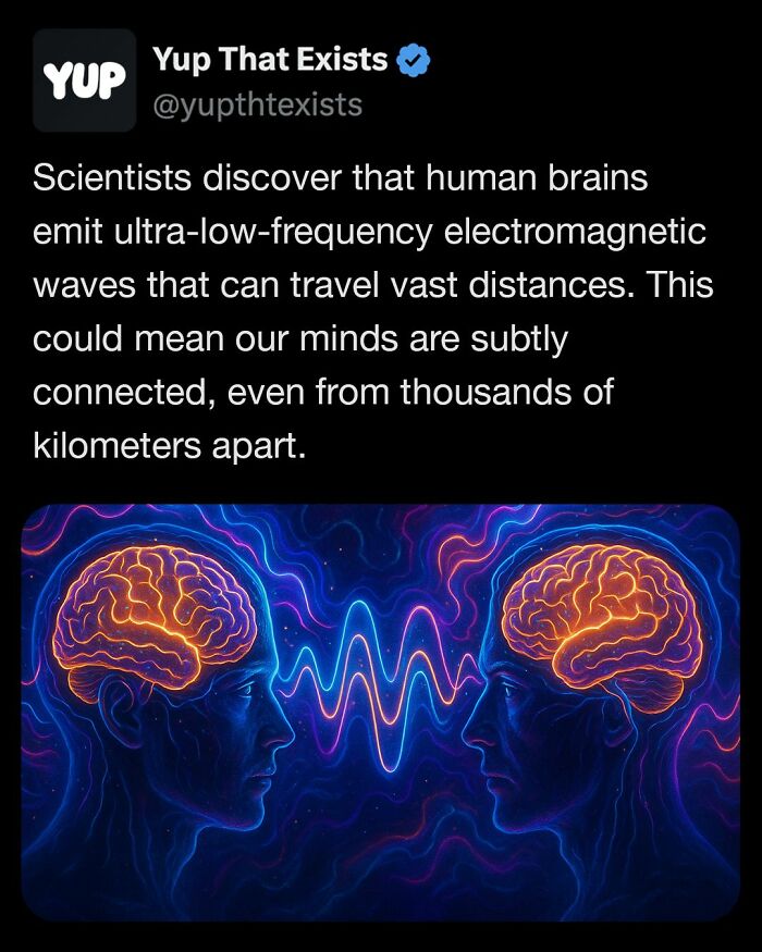 Two glowing human brains emit ultra-low-frequency electromagnetic waves connecting minds over vast distances.