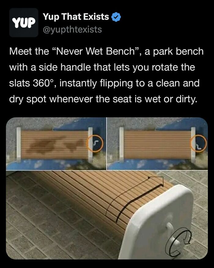 Never Wet Bench park bench with a side handle to rotate slats 360 degrees for a clean and dry seating surface.