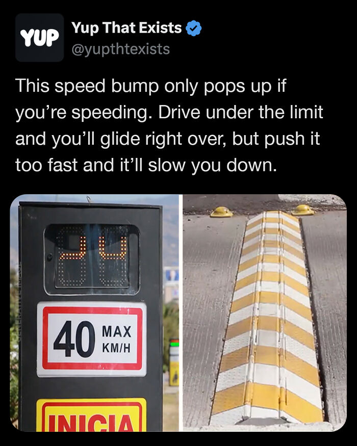 Speed bump that activates only when speeding, shown with a 40 km/h speed limit sign and a pop-up road bump.