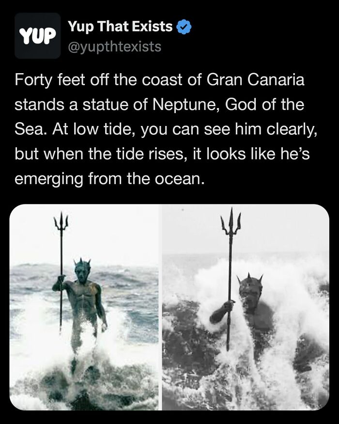 Tweet from Yup That Exists describing a Neptune statue off Gran Canaria coast that appears to emerge from ocean waves.