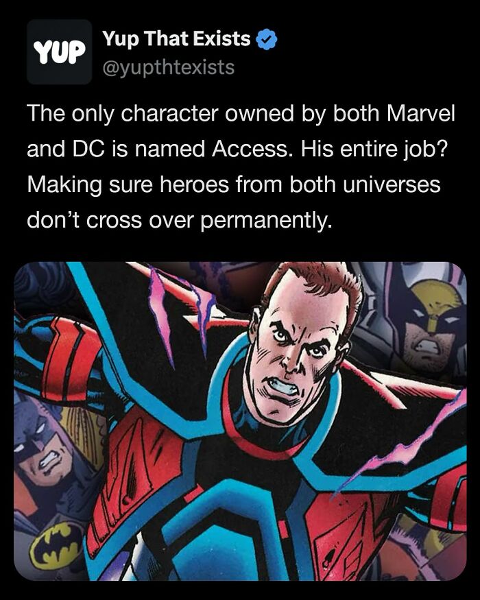 Tweet about the rare character Access owned by Marvel and DC, ensuring hero universes don’t permanently cross over.