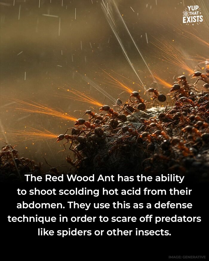 Red Wood Ants shooting hot acid from their abdomens as a defense to scare off predators like spiders and insects.