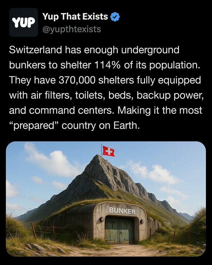 Switzerland's underground bunkers with shelters and backup power highlight weird things that sound made up but are very real.