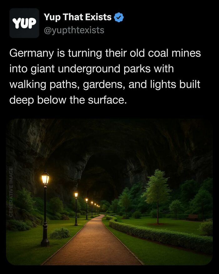 Underground park in old German coal mine with walking paths, gardens, and lights deep below the surface in weird things that exist.