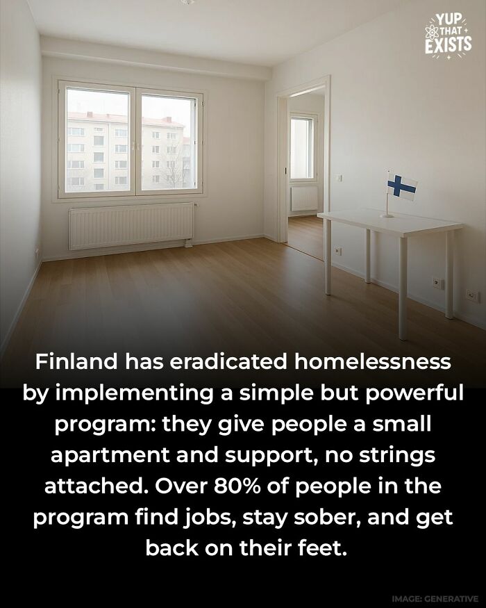 Minimalist apartment interior with a Finnish flag on the table representing weird things that sound made up but are real.