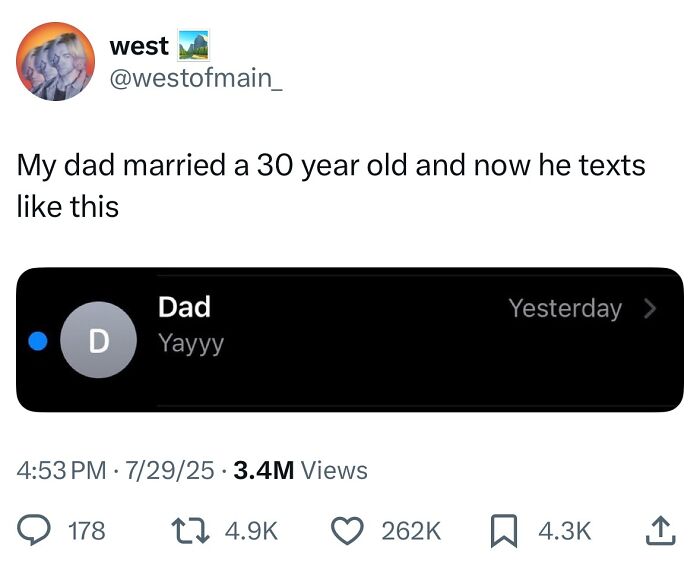 Tweet showing humorous text exchange about a dad texting like a 30-year-old, from a collection of hilarious tweets.