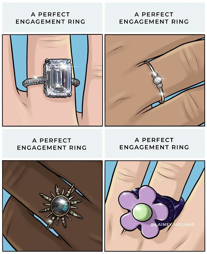 Illustration of diverse engagement rings on hands, showcasing unique styles by Lainey Molnar celebrating women.