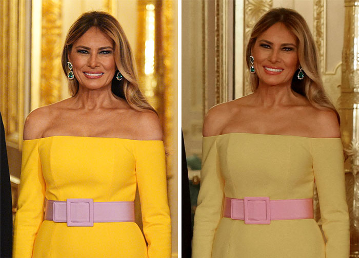 Melania Trump wearing an off-shoulder optical illusion dress at Windsor banquet with fans debating its color. Melania Trump wearing an off-shoulder optical illusion dress at Windsor banquet with fans debating its color.