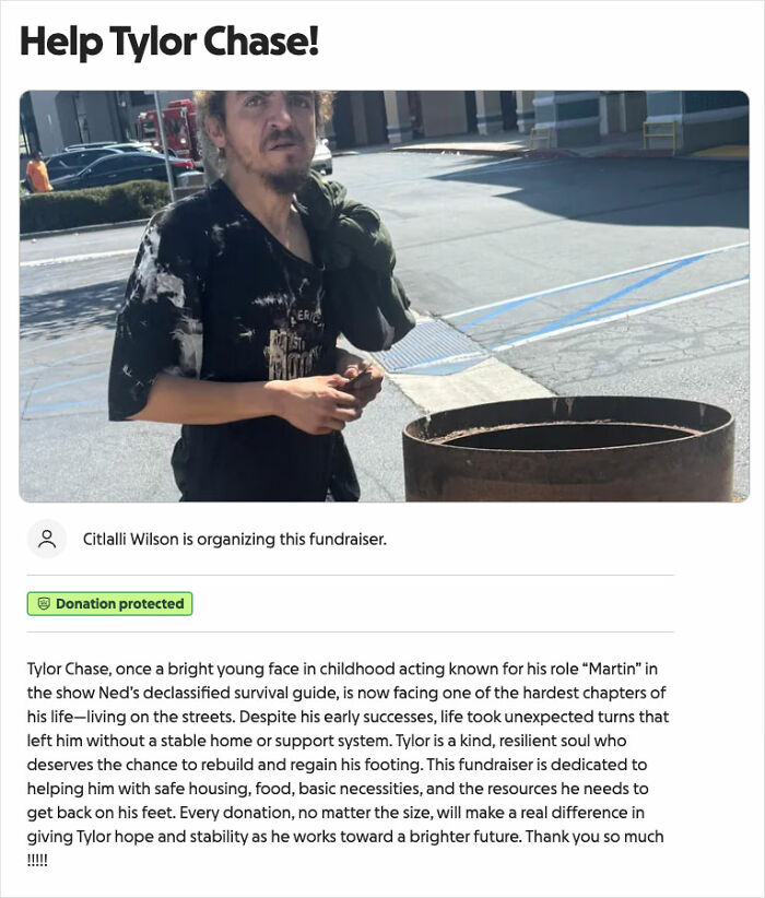Homeless Nickelodeon actor Tylor Chase receiving support during $1,207 fundraiser with street-side makeover.