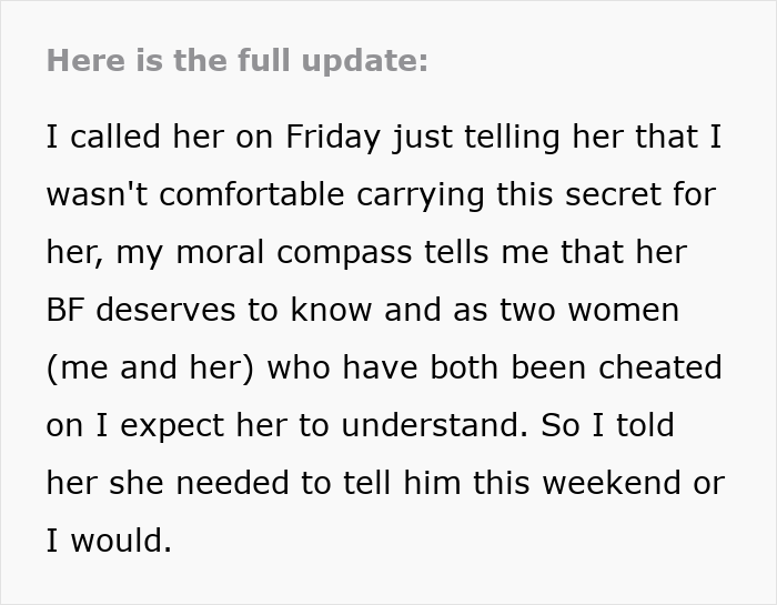 Text message revealing a woman exposing her best friend's affair to her boyfriend, urging honesty about the secret.