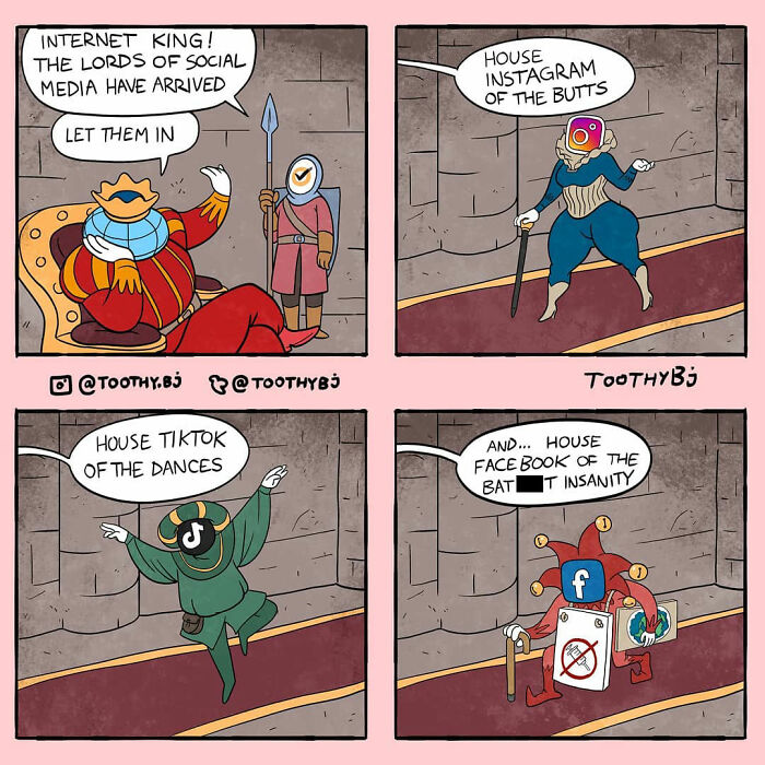 Cartoon by Toothy Bj showing social media platforms as medieval houses with Instagram, TikTok, and Facebook characters in a castle.