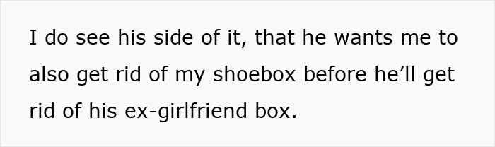 Text showing a wife discussing getting rid of her shoebox while her husband keeps his ex-girlfriend&rsquo;s memory box, highlighting hypocrisy.