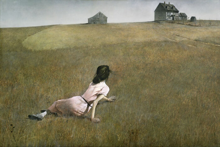 A timeless painting of a girl in a pink dress lying on grass, with distant houses under a cloudy sky.