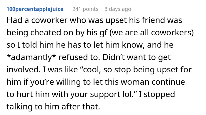 Screenshot of a Reddit comment describing a woman exposing her best friend&rsquo;s affair to her boyfriend.