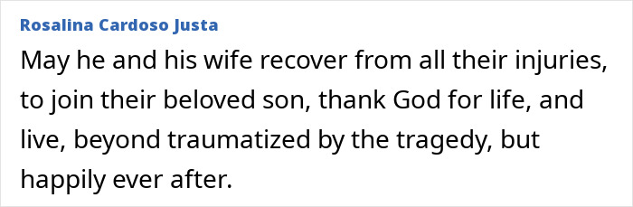 Message with black text on white background showing a message from Rosalina Cardoso Justa about recovery after a crash involving a dad feared lost in Lisbon.