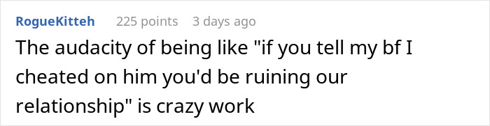 Screenshot of a Reddit comment discussing a woman exposing her best friend&rsquo;s affair to her boyfriend.